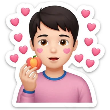 Cute boy, grown out dark hair, eating a peach, pink hearts floating  sticker