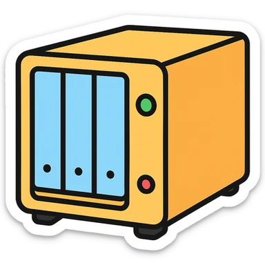 Make the NAS device even more generic, avoid any Synology-like features, emphasize a neutral, brandless look, angled view, clean and minimal design with no branding or distinctive features. sticker