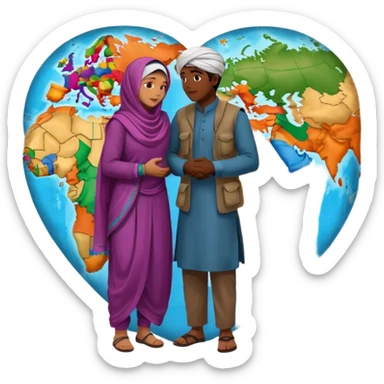 An emotional artistic illustration of an Indian man and an Afghan hijabi girl standing on the maps of India and Afghanistan, symbolically embracing each other  from in front side  despite the distance, showing love beyond borders. sticker