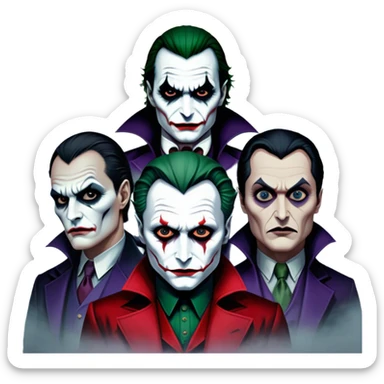 Thriller Movie Icon: A dark, intense collage with close-up images of iconic thriller characters like 1 Joker, 1 Hannibal Lecter, and 1 Vlad Dracula. The background features a moody Gotham City skyline, with shadowy figures and fog. Atmospheric, suspenseful tone. Transparent background. sticker