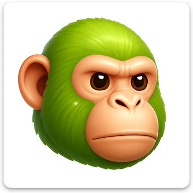 Create a chimpanzee emoji that looks exactly like the reference image in iOS emoji style. The emoji should have 3D appearance, shiny surface, smooth gradients, soft shadows, and realistic green fur on the chimpanzee face with a classic emoji look. Add a subtle highlight to the fur. sticker