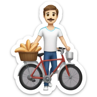 white man with brown hair a moustache and wearing a white t-shirt with several blue stripes, on a bike, wearing a red scarf and holding a baguette sticker