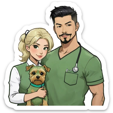 A blonde white nurse stands beside a handsome, muscular Korean man with black hair styled in a sharp point, a full goatee, and a blonde Yorkshire Terrier in his arms sticker