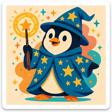 a penguin wizard with a starry robe and magical aura, in a playful, vibrant style sticker