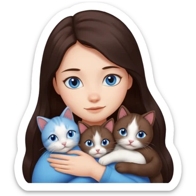 a girl with long dark 
brown hair, with blue eyes, hugs 3 different natural coloured cats sticker