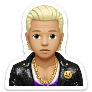Sisqó with platinum blonde hair, black sequin jacket, shirtless with necklace sticker