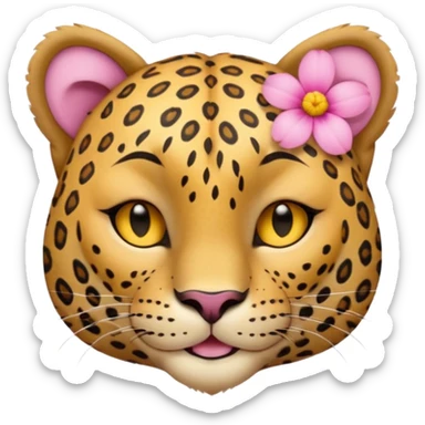 eyes closed, A leopard with peaceful smile, A pink flower with a yellow center is tucked behind its right ear
 sticker