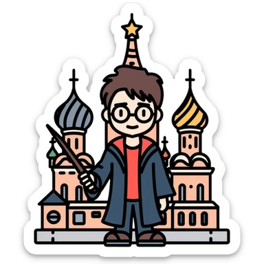 Harry Potter with glasses, lightning scar, and wand standing in front of St. Basil's Cathedral in Russia sticker