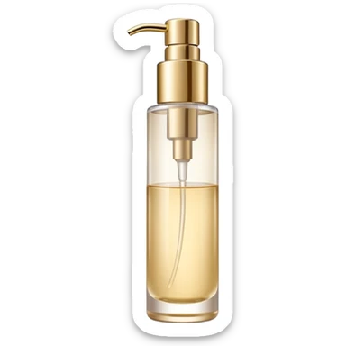 elegant semi-transparent pump bottle filled with pale golden to clear liquid, slightly glossy and lightweight, cylindrical bottle with curved pump top and clean lines, skincare product style, no label, no extras, soft lighting, subtle shadows, emoji scale sticker