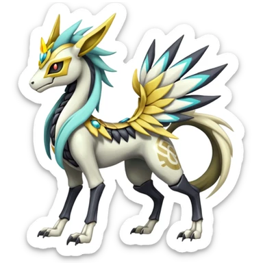 Colorful Skeletal masked armored Meloetta-Manectric-Silvally-Solgaleo-Raikou-Pokémon-Digimon-Fakémon-fusion-hybrid-creature, full body sticker