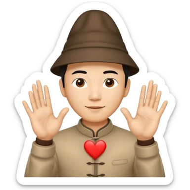 chinese man in pointy asian hat doing heart hands sticker