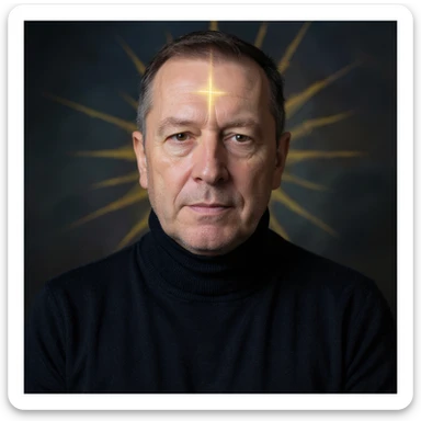 Vertical portrait of a man's face in a realistic style with a meditative expression. Include symbols of energy radiating from the face. The atmosphere should convey deep regeneration during fasting. sticker