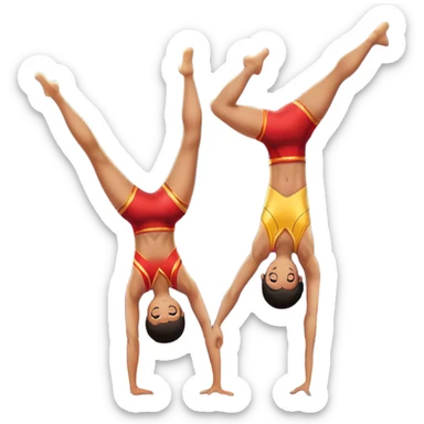 A skilled acrobat performing a handstand with perfect balance, while another acrobat gracefully flips in the air, showcasing their strength and precision. The background features a large gymnasium with bright lights and cheering audience, symbolizing adult acrobatics as a coordinated sport. sticker