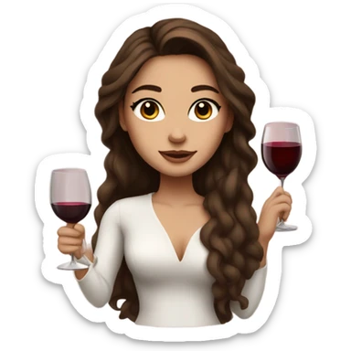 rich girl with white skin, long brown hair, dark eyes, with makeup, with wine sticker