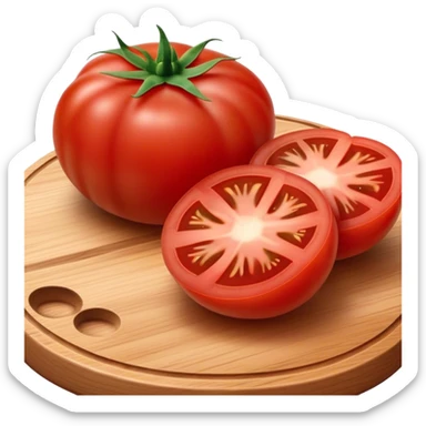 Cinematic juicy ripe tomatoe, deep red, slightly dewy, arranged on a wooden cutting board, soft glowing background, rich and flavorful. sticker