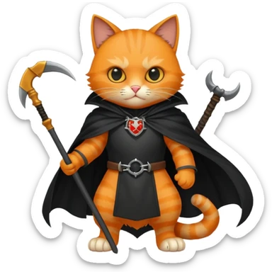 a heroic armored cat holding a scythe, with a shadowy death figure behind sticker