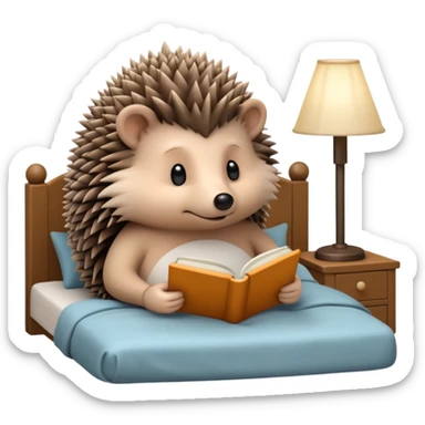 hedgehog reading in bed with retro light lamp next to it sticker