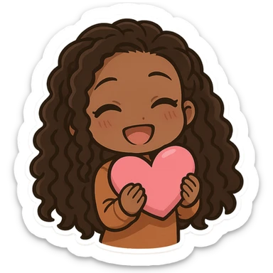 chibi anime black girl with long curly hair, smiling, holding a pink heart, pose 4 sticker