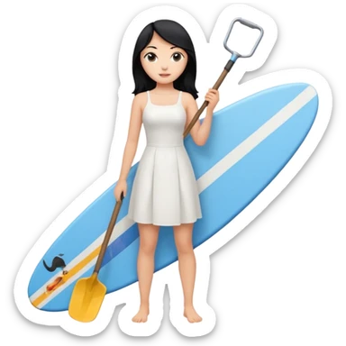 Princess who wearing white dress (woman) black hair holding her phone and long shovel with another hand. She is standing on her feet, there is one blue surfing board. sticker