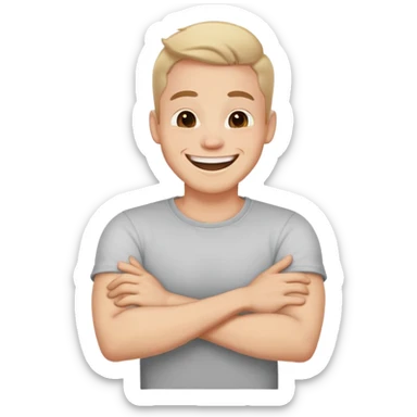 Guy laughing with arms crossed over neck sticker