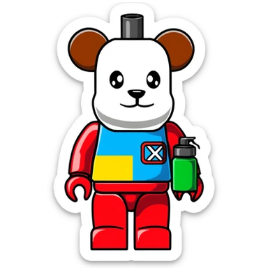 Lego style bearbrick with wild graffiti art patterns, X eyes, holding a spray paint can, vibrant colors sticker