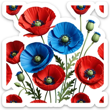 Still life realistic 3D rendering, bright blue and red poppies sticker
