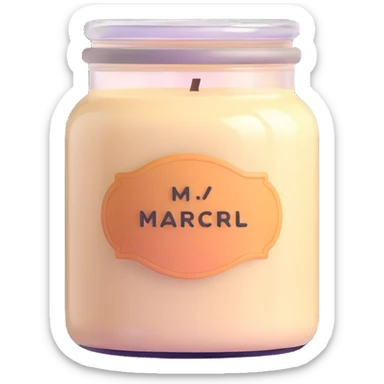 creamy beige vanilla-scented candle in a glass jar with a soft glow, pastel label, and wax texture, rounded edges, slight gloss, cozy and elegant feel sticker