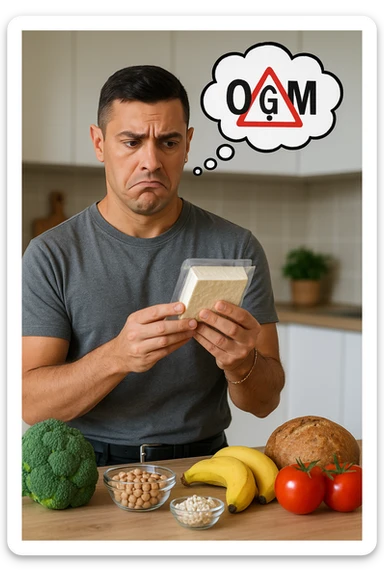 un uomo in cucina tiene in mano una confezione di soia o tofu, osservandola con un’espressione scettica e preoccupata. Sopra la confezione, una nuvoletta di pensiero mostra la scritta “OGM” evidenziata in rosso, accompagnata da un simbolo di allarme o un punto interrogativo. Sullo sfondo, altri alimenti naturali sono visibili sul tavolo, sottolineando la sua preferenza per prodotti non OGM. sticker