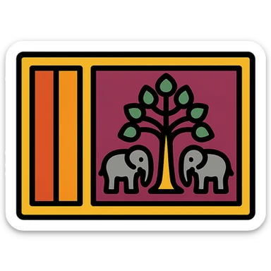 flag with red and yellow stripes, central syrissa tree, elephants flanking the tree, bold iconic style sticker