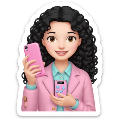 Girl with long curly black hair and vintage pastel pink clothing Holding a pink cell phone sticker