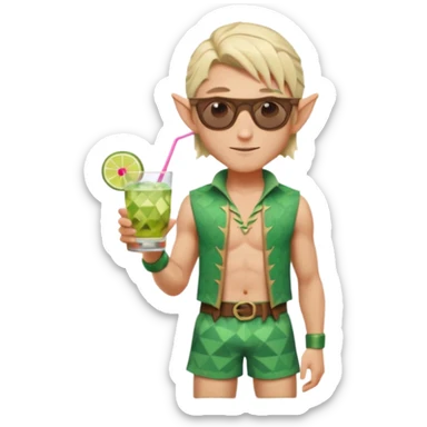 elf male legolas portrait, patterned board shorts (geometric/abstract), unique wooden-framed sunglasses, undercut hairstyle, slight smirk, visible pointy ears, no background, centered emoji, hipster summer vibe coctails sticker