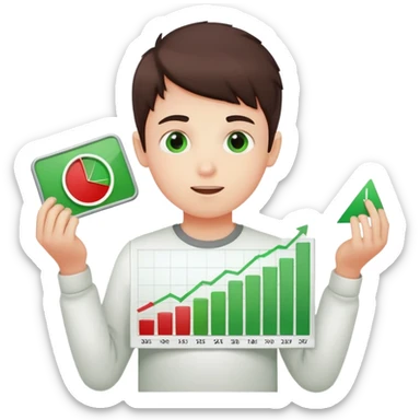a boy showing financial reports, positive green ascending chart in one hand and negative red sticker