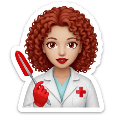 0Scary woman scalpel in hand, evil surgeon sexy surgeon clothes.  She has red eyes. Her  brown long curly hair. Wears sexy doctor outfit with red gloves. make her hair free and brown but she  wear mouth cover   to hide. Wears white surgeon jacket and  only   death long , long beown hair  sticker