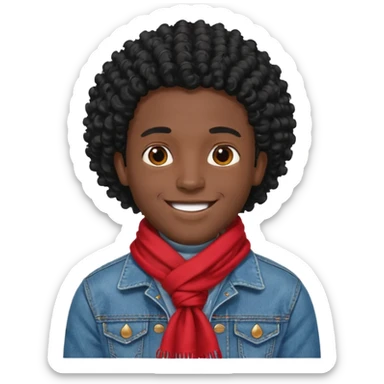 black skin man, curly black hair wear red scraft, jean jacket sticker