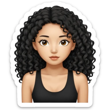 Korean woman with black cute long curly hair  with a black top tank with long lashes sticker