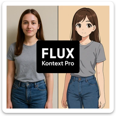 create before after image of a girl before is realsitic photo, after is anime version of her in same pose and clothes, add logo with text of a "FLUX Kontext Pro" in middle in big, black background sticker
