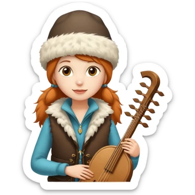 "Girl 👩🏻‍🦱 in fur hat 👒🦊 and vest 🧥, standing in snow ❄️🌲, holding a Bashkir dombyra 🎶 (long-necked two-string folk instrument). Emoji style." sticker