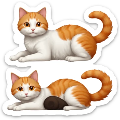 ginger and white cat with orange eyes doing a big extremely long stretch reaching up into the air with arms and legs side by side together straight and overextended whilst lying on its side sticker