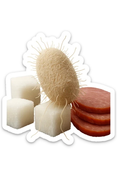 un batterio della candida si nutre di zollette di zuccheri e fettine di carne, IPERREALISTICO 4K sticker