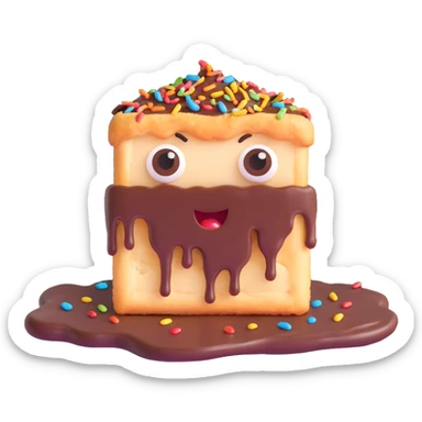 Rectangular chocolate mini pastry, messy chocolate dripping, sprinkles flying, surprised eyes, open mouth, text above: "ПАСТИЧКА", chibi style, Twitch emoji style, transparent background, colorful
 sticker