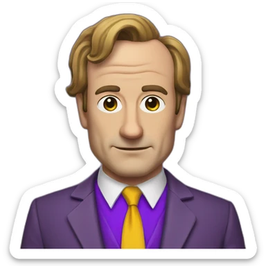 Saul goodman with a purple suit, yellow blouse and a dotted tie sticker