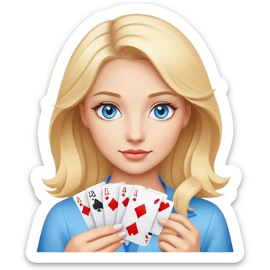 Make an image of a beautiful blonde haired woman with blue eyes holding a set of cards sticker