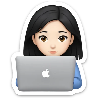 Asian girl with black hair sitting and watching a MacBook laptop sticker