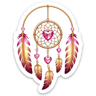 Reddish-pinkish and golden warm-colored romantic lush beautiful pretty hanging crystal-catcher aesthetic with hearts and sparkles and feathers sticker