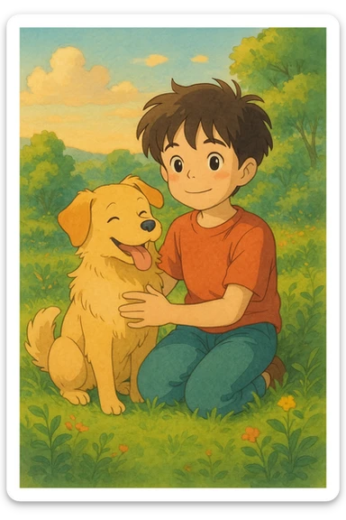 kid and his pet dog in studio ghibili style sticker