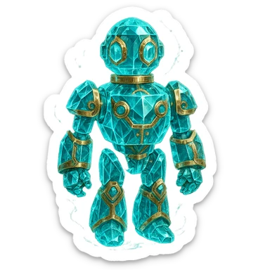 very luxurious crystal elixir bottle in robot shape, cyan color, lots of glowing, edges, ornaments, golden details, magical effects, very small golden collar, transparent background, beautiful merging base, clearly floating in the air, no base or shadow, premium class, futuristic, matching the collection sticker