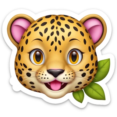 A leopard with big smile. A pink flower with a yellow center is tucked behind its right ear, no tongue
 sticker