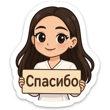 Create a chibi sticker of the girl from the previous successful bitmoji chibi stickers, holding a sign that says 'Спасибо'. She has long hair, the same face and style, with a white outline and transparent background. sticker
