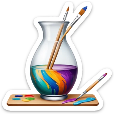 Glass painting icon, colorful brushstrokes on a glass vase, intricate painted patterns on the surface, visible fine paintbrush and palette beside it, no liquid inside the vase, minimalistic style, clean lines, transparent background. sticker