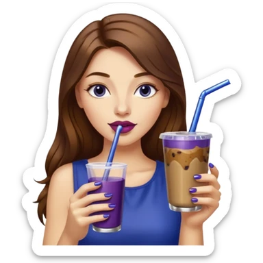 girl with long brown hair, wine lipstick, gold nail polish, drinking a blueberry butter pecan iced coffee with a metallic straw  sticker